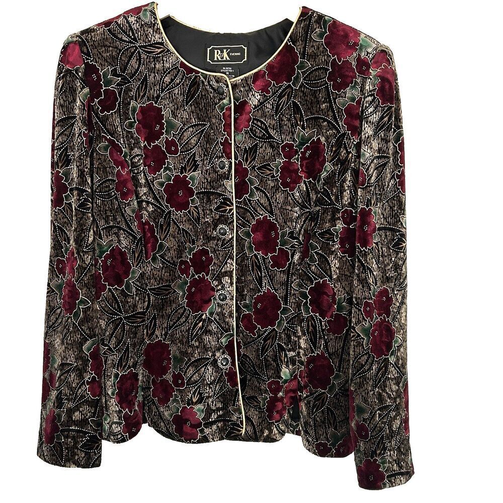 Velvet Blazer Jacket RK Evening Size 14 Burgundy Gold Floral Print Dark Romantic